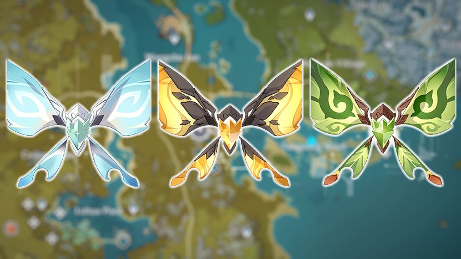 blurred map of teyvat in the background with anemo, geo and dendro crystalflies over the top of it