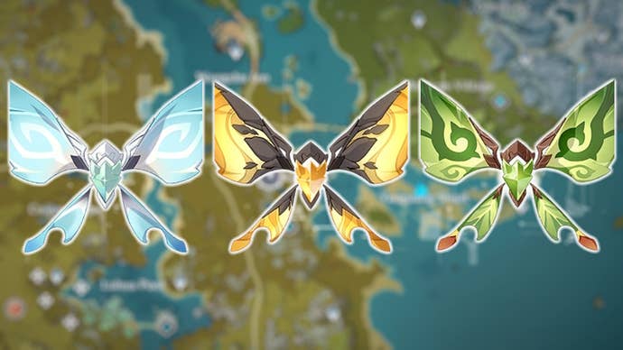 blurred map of teyvat in the background with anemo, geo and dendro crystalflies over the top of it