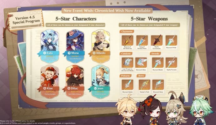 Chronicled Wish Banner characters and weapons as revelaed in the 4.5 livestream for Genshin Impact.