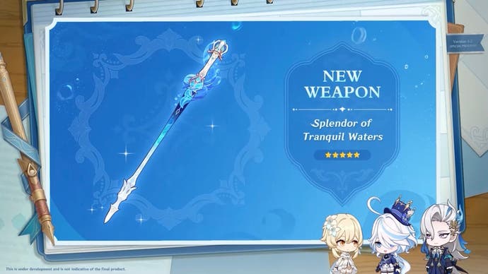 new sword weapon 'splendor of tranquil waters' on a blue background and chibi version of the female traveler, furina, and neuvillette in the bottom right