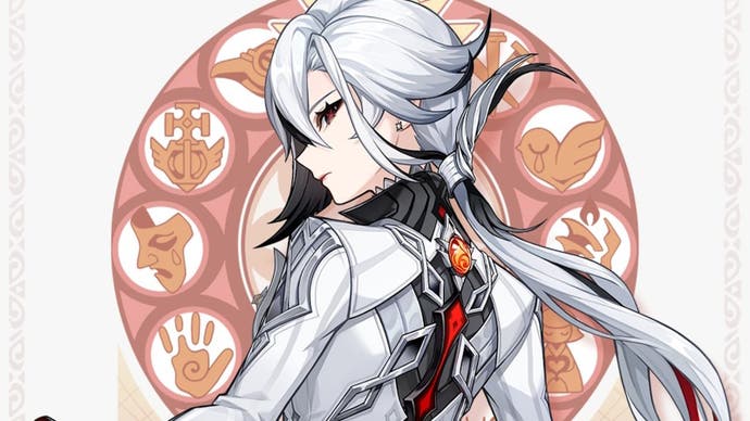 Arlecchino's drip marketing showing her white hair and white jacket side on, with a pyro circle in the background.