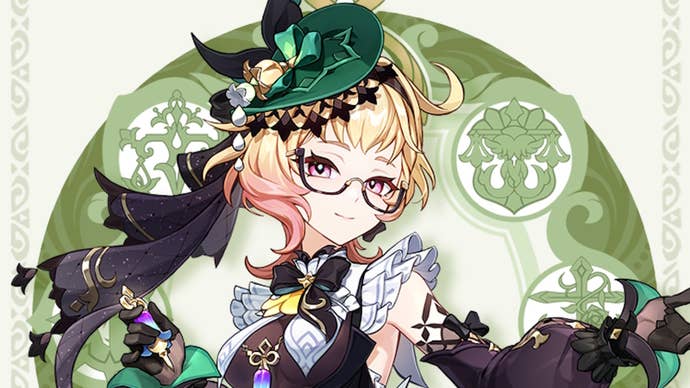 Official drip marketing of Emilie in Genshin Impact, on a green and cream background.