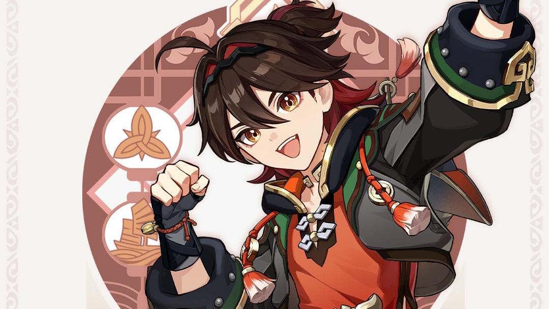 drip banner marketing for gaming character, who is a young boy with short brown hair dressed in a red tee and black jacket, punching his hands up in the air