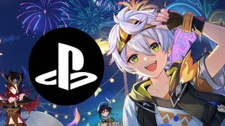 Genshin Impact promo image showing a short haired character with a gold headband smiling as fireworks explode in the sky. To the left is a PS logo