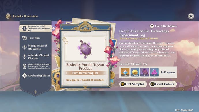 event menu showing the graph adversarial challenge to find purple teyvat products and a list of rewards beside it