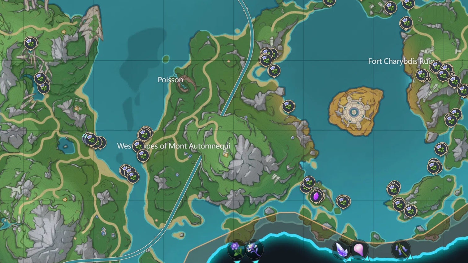 map view of purple teyvat product locations in Fontaine