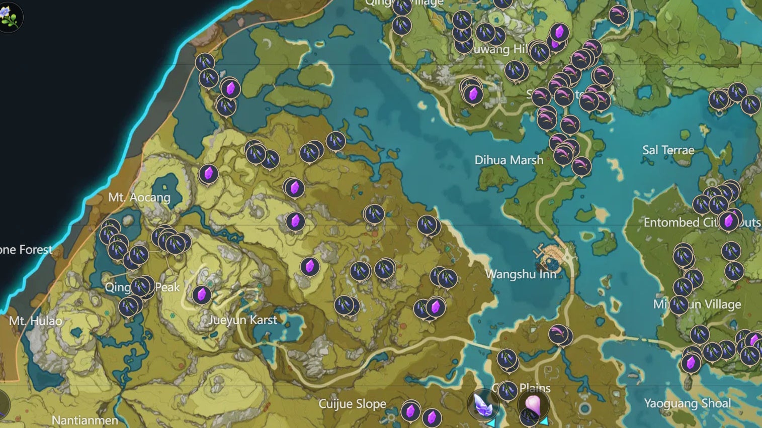 map view of purple teyvat product locations in Liyue