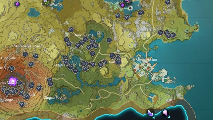 map view of purple teyvat product locations in Liyue