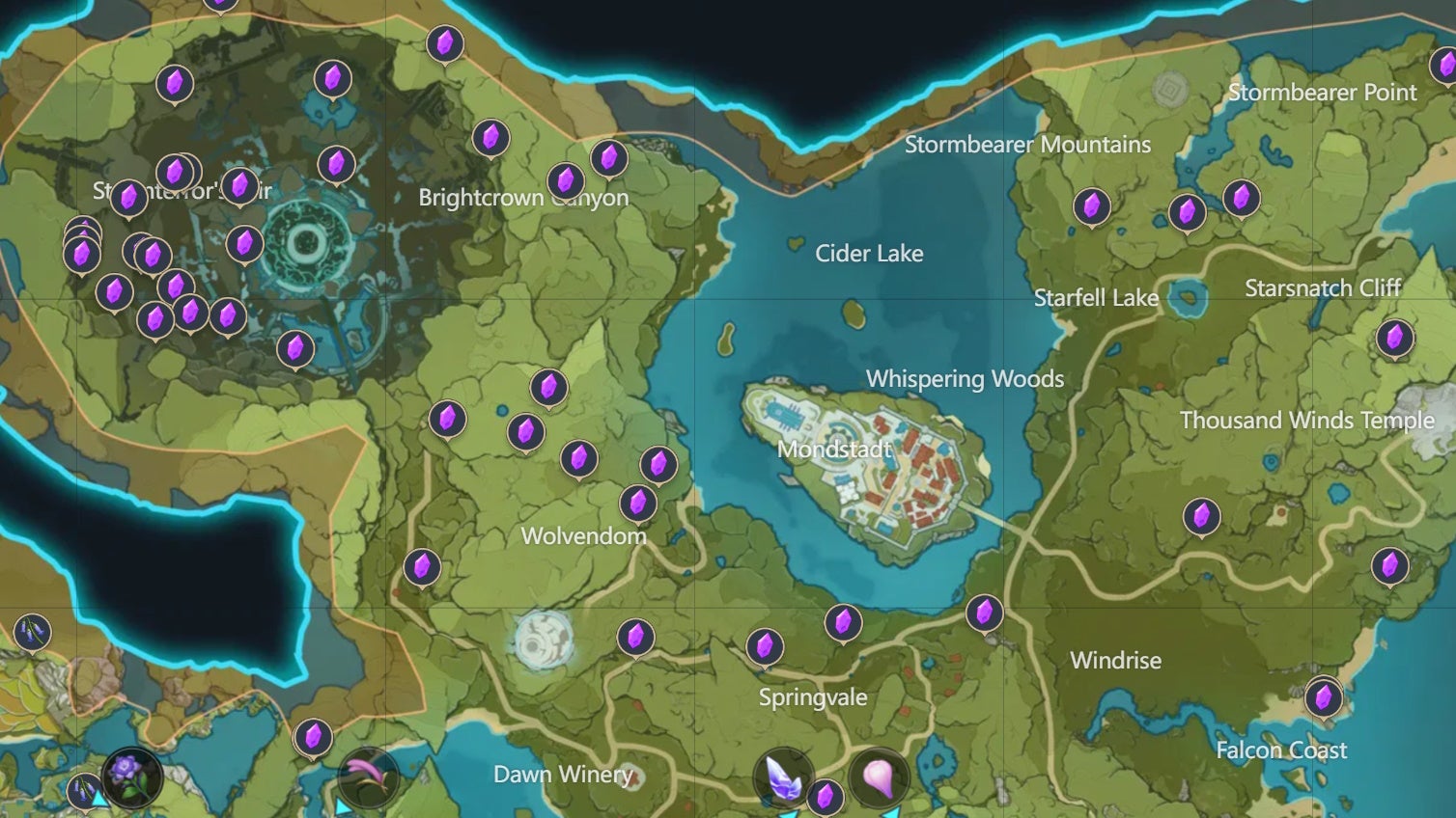 map view of purple teyvat product locations in Mondstadt