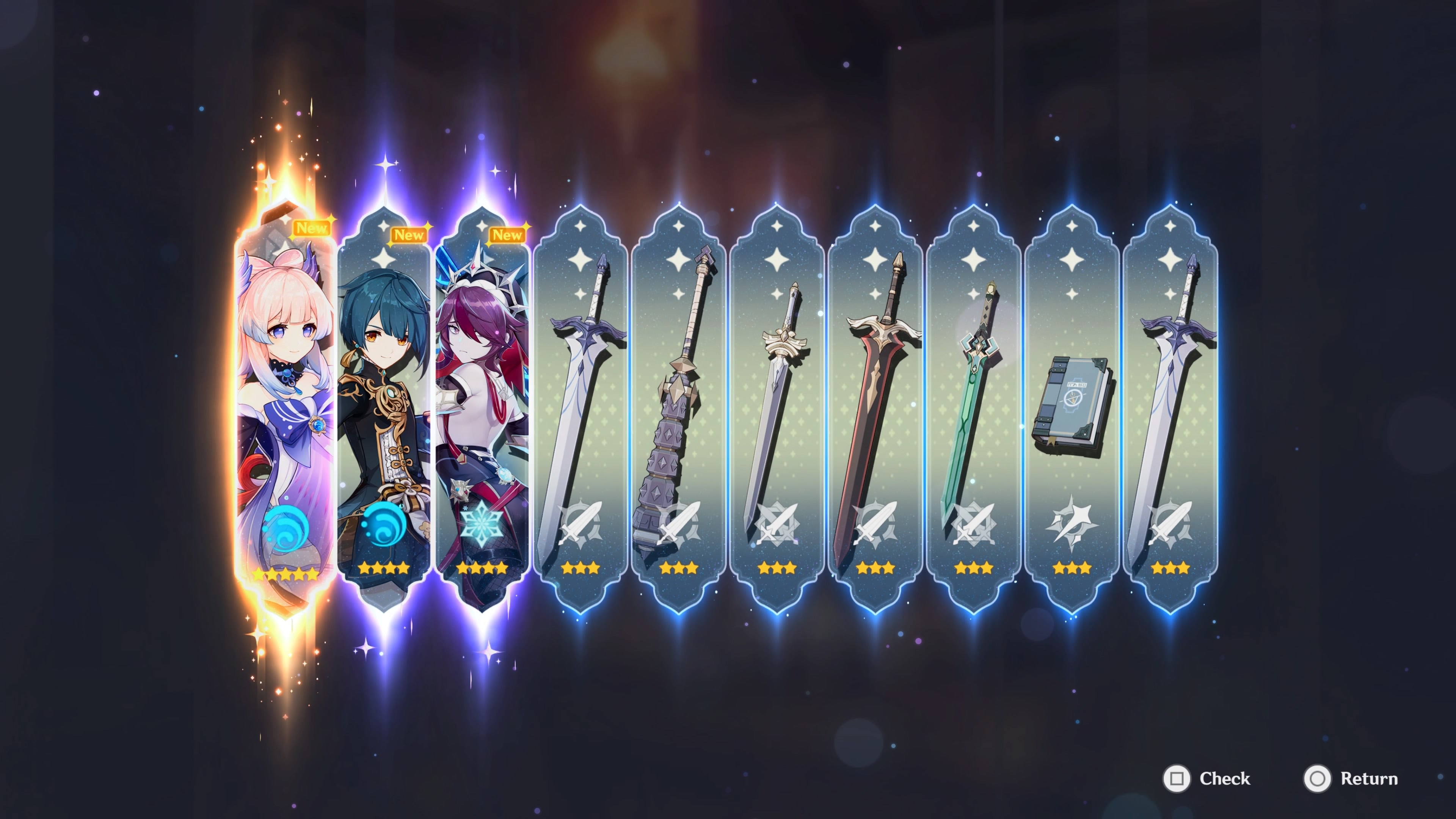 Genshin Impact - gacha mechanics, depicting three characters and a load of weapons being unlocked