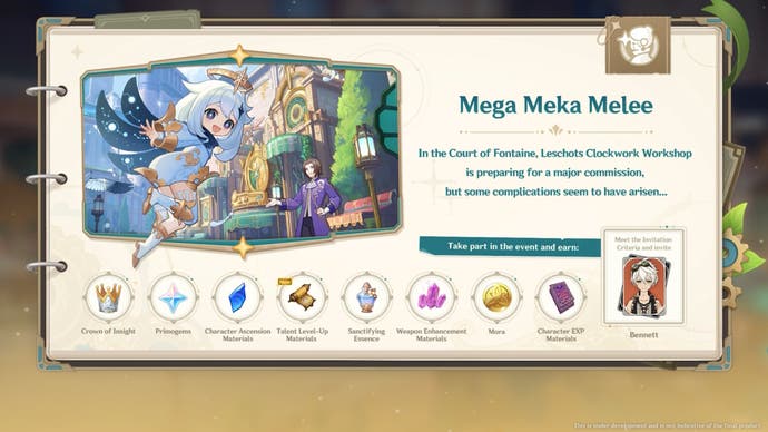 A picture of paimon in fontaine with text and pictures of the mega meka melee event rewards.
