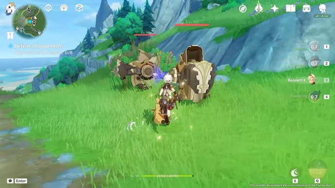 Gameplay screenshot of a character looking at meka enemies.