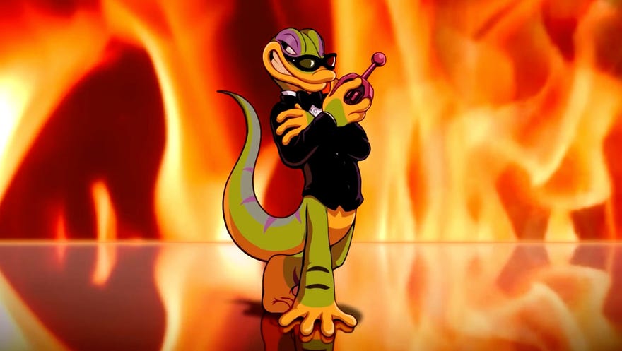 Gex the gecko stands in front of flames in a black tuxedo, from the announcement trailer for Gex Trilogy