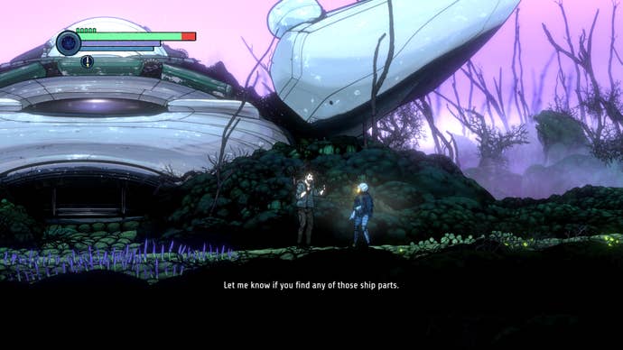 A robot talks with a human in front of a large space ship in Ghost Song