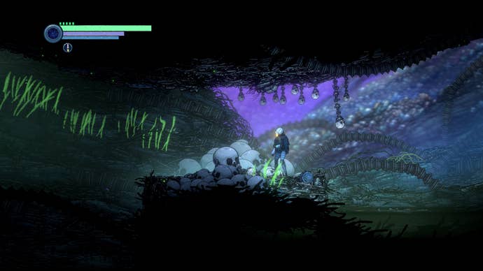 A robot warrior runs through a tunnel of skulls in Ghost Song