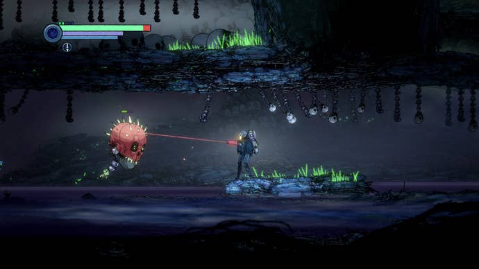 A robot warrior aims her arm cannon at a flying red skull in Ghost Song