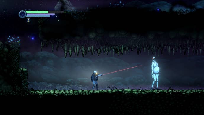 A robot warrior aims their arm cannon at a white, frog like biped in Ghost Song