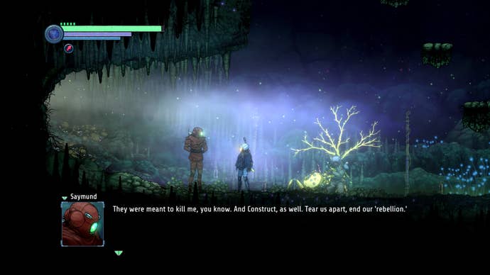 A robot warrior talks to a diver inside a cave in Ghost Song