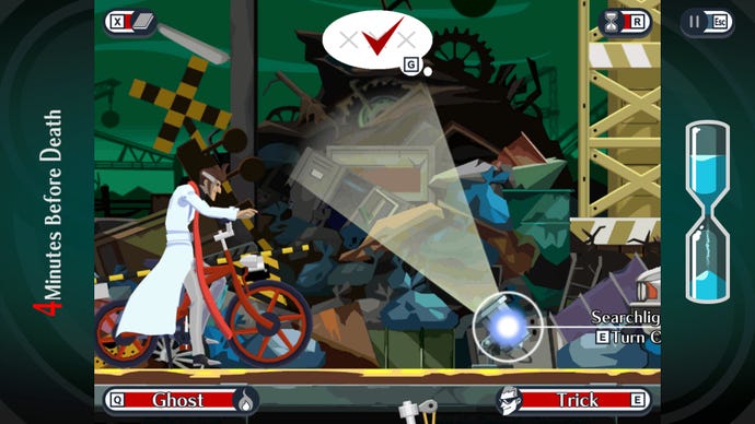 Inspector Cananela rides a bicycle in a junkyard in Ghost Trick: Phantom Detective