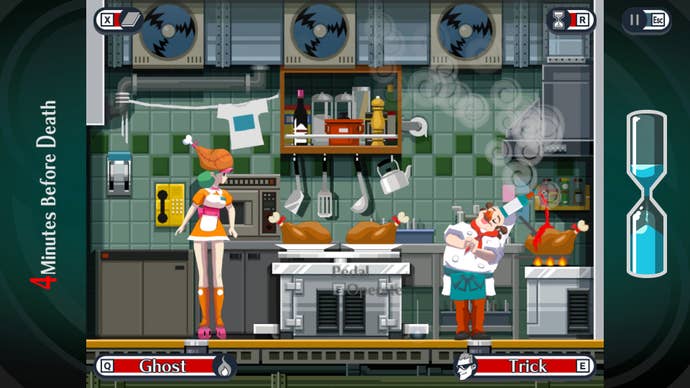 A chef pours wine onto a chicken from a bottle perched on top of his head in a kitchen in Ghost Trick: Phantom Detective