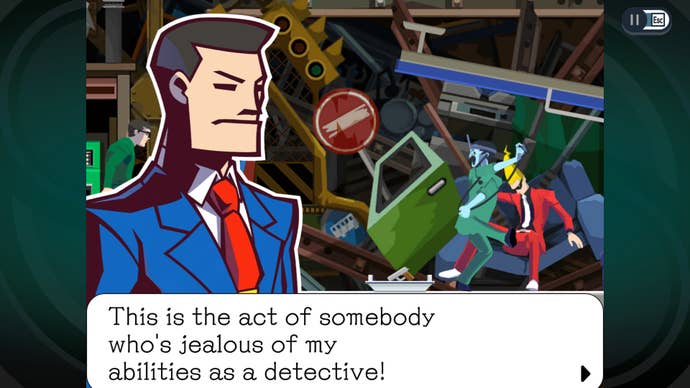 A police detective looks at a deceased Sissel in Ghost Trick: Phantom Detective