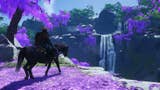 A screenshot from Ghost of Tsushima on PC showing a lush purple setting as Jin rides on the back of a horse