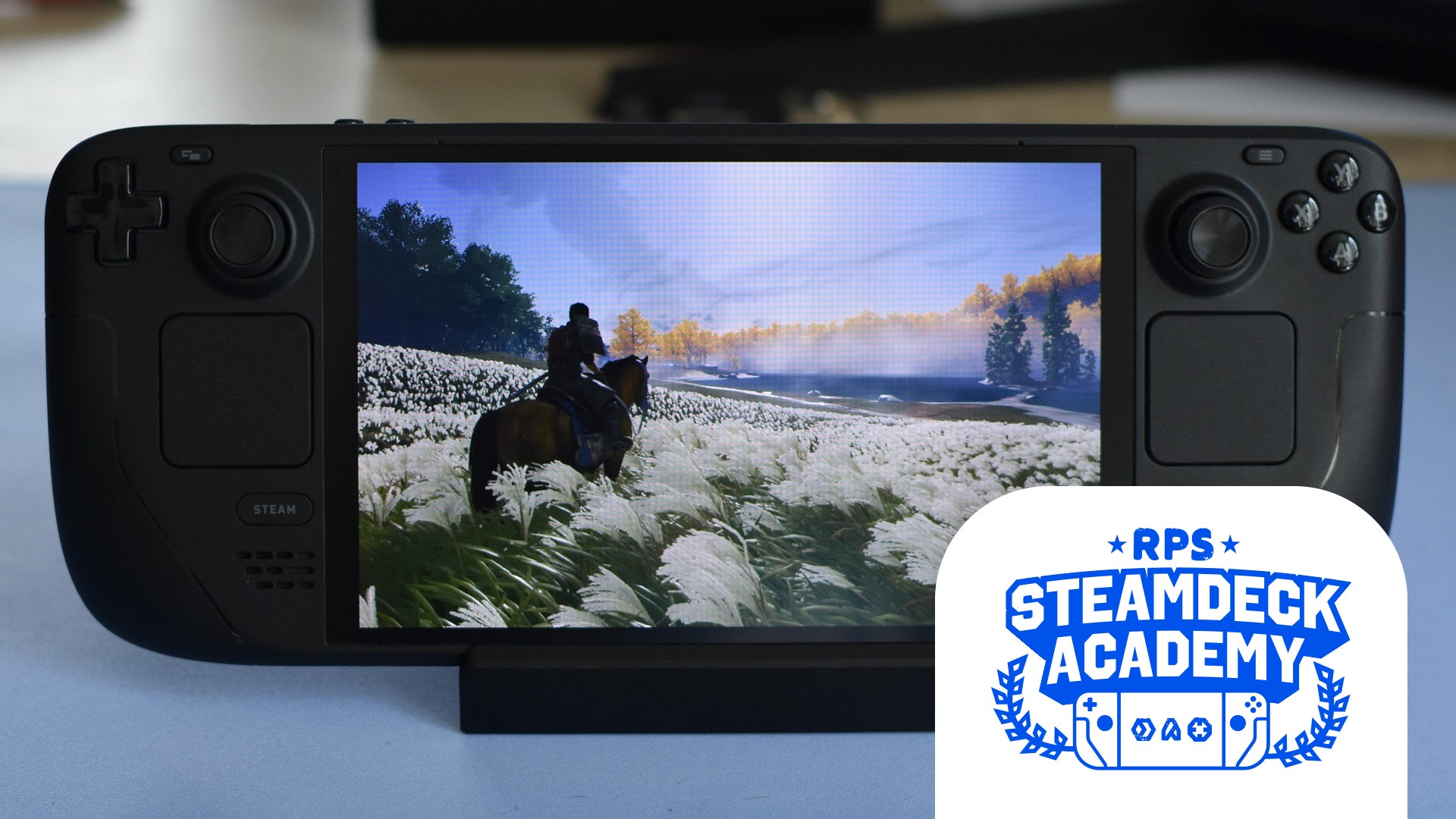 Ghost of Tsushima: Director’s Cut running on a Steam Deck OLED. The RPS Steam Deck Academy logo is added in the bottom-right corner. - 1