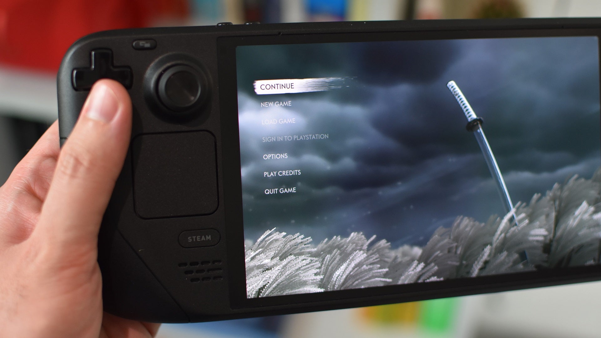 The main menu screen of Ghost of Tsushima: Director’s Cut, running on a Steam Deck. The PSN sign-in option is greyed out. - 3