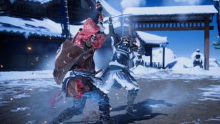 Two Ghost of Tsushima characters fighting in a snowy setting