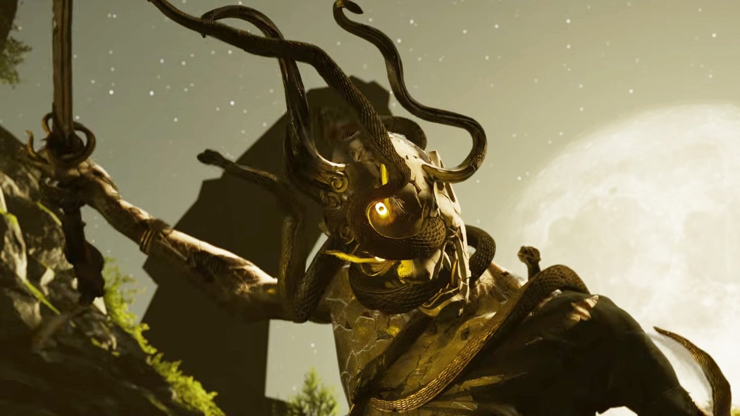 Ghost of Yotei Legends trailer screenshot showing an enemy with snakes coming from their face