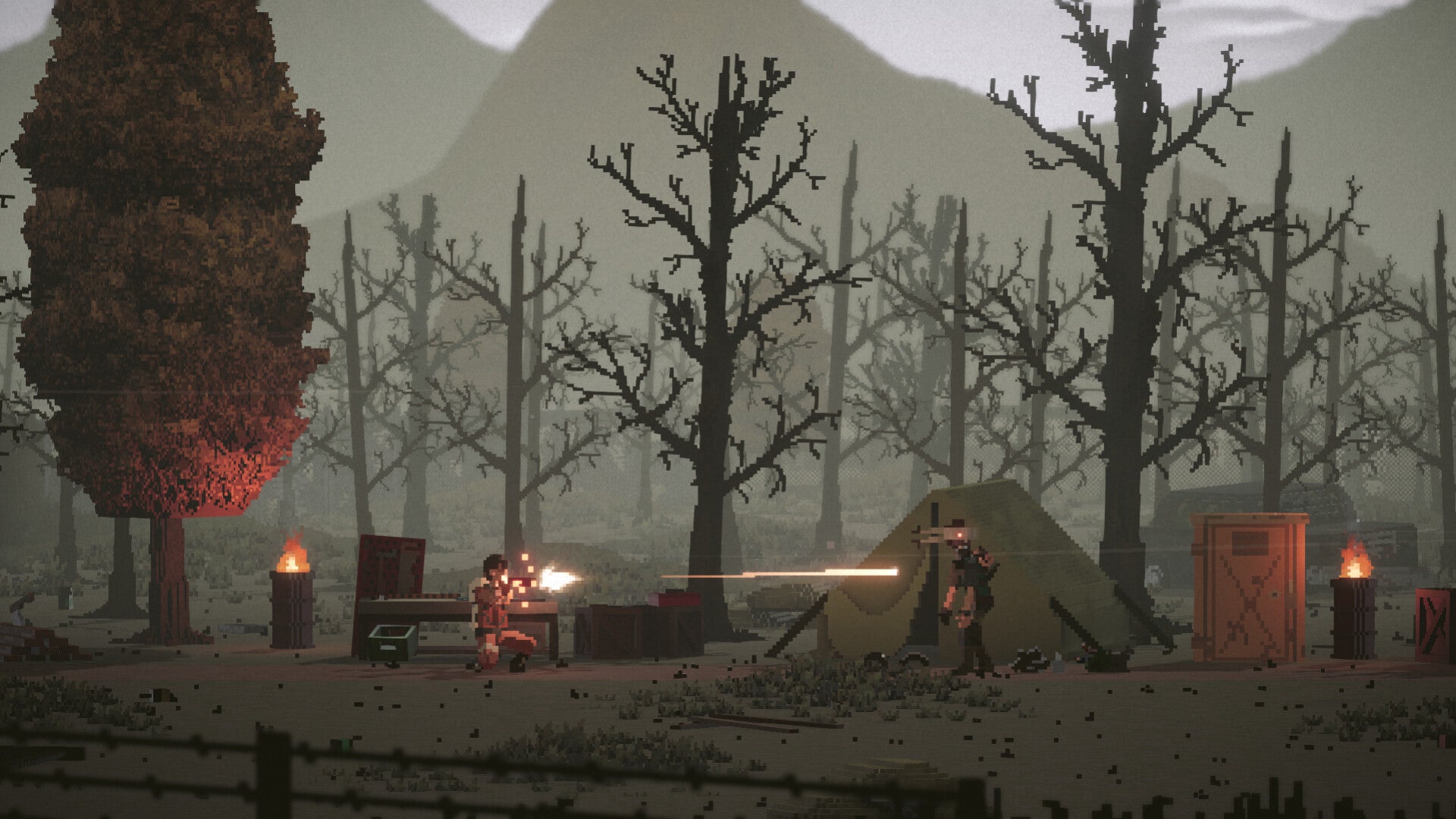 Shooting a robotic invader in a forest in Ghostless.