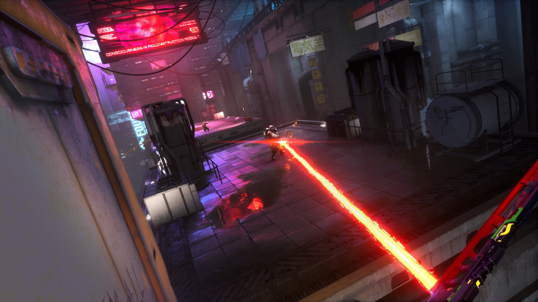 A laser is fired from the player POV at an enemy, as the player character is wallrunning, in Ghostrunner 2. - 4