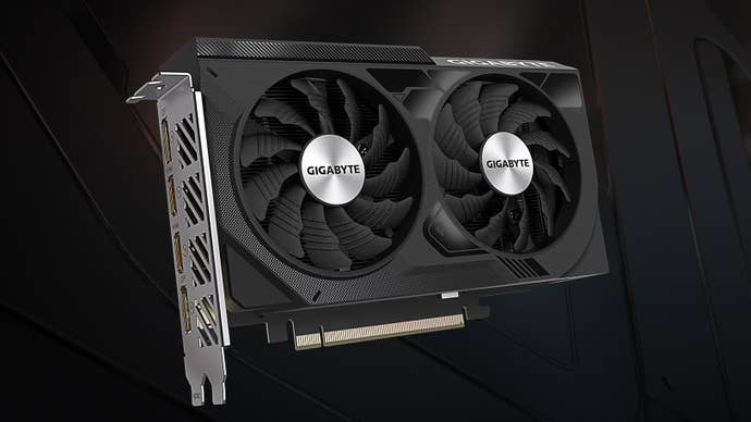 The Gigabyte GeForce RTX 4060 Windforce OC graphics card on a dark background.