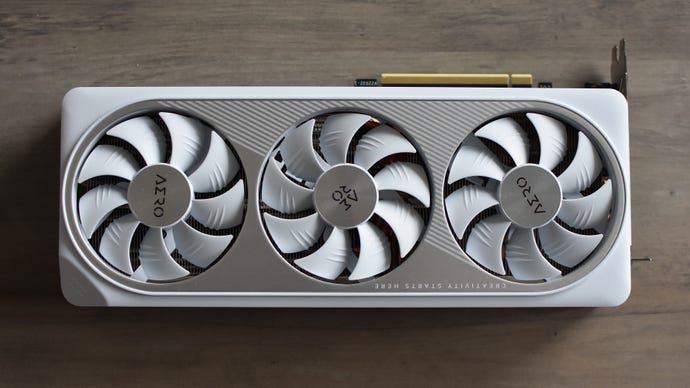 A top-down view of the Gigabye GeForce RTX 4070 Super Aero OC graphics card and its triple-fan cooler.