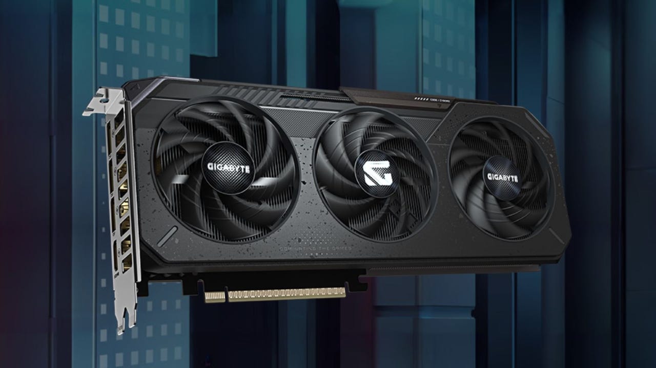 The Gigabyte GeForce RTX 5060 Ti Gaming OC 16G graphics paper against a grey CG background.