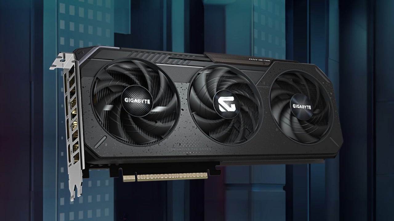 The Gigabyte GeForce RTX 5060 Ti Gaming OC 16G graphics card against a grey CG background. - 1