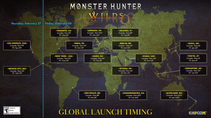 Una serie de tiempos de lanzamiento en todo el mundo que se muestran cuando Monster Hunter Wilds se puede jugar el 27 de febrero o el 28 de febrero.
