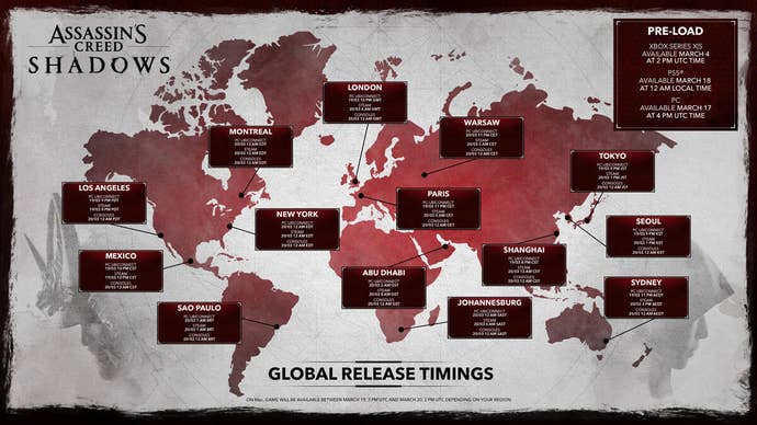 Assassin’s Creed Shadows launch timing map.