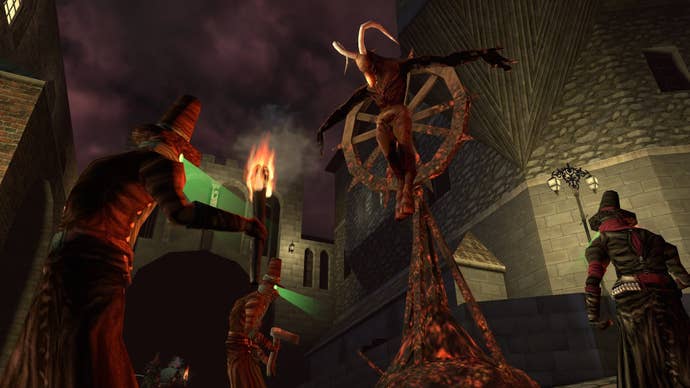 Cultists gather around an alter in a screenshot from Gloomwood.