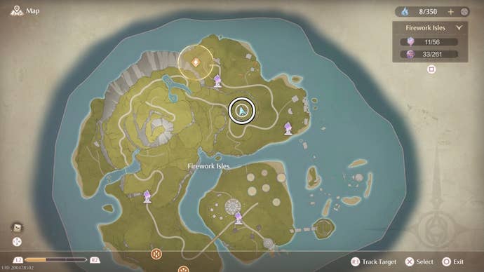 Circled map location of a firework to open Gloomy Cavern in Infinity Nikki.