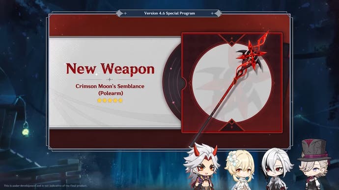 Arlecchino's signature polearm weapon as revealed in the Genshin Impact version 4.6 livestream.