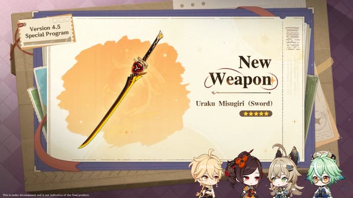 Chiori's signature sword wepaon shown in the 4.5 livestream for Genshin Impact.