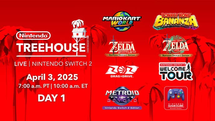 Infographic for Nintendo’s first Switch 2 focused Treehouse: Live presentation showing the time and date of the show in white writing on a red background. Games featured include Mario Kart World and Donkey Kong Bananza.