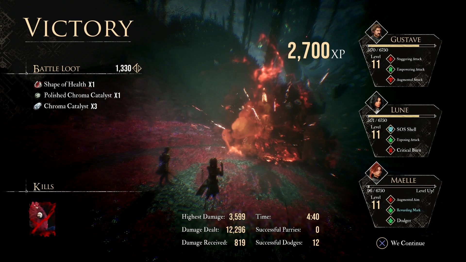 Victory screen after defeating Goblu in front of Goblu in Clair Obscur Expedition 33.