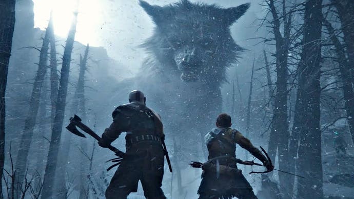 Kratos and Antreus in God of War Ragnarok promo. They are standing in a snowy wood with their weapons drawn as a giant wolf looms over them