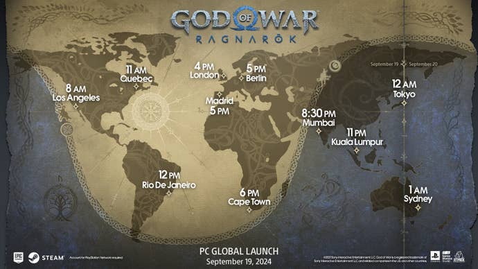 Release date and times on a gobal map for God of War Ragnarok on PC.