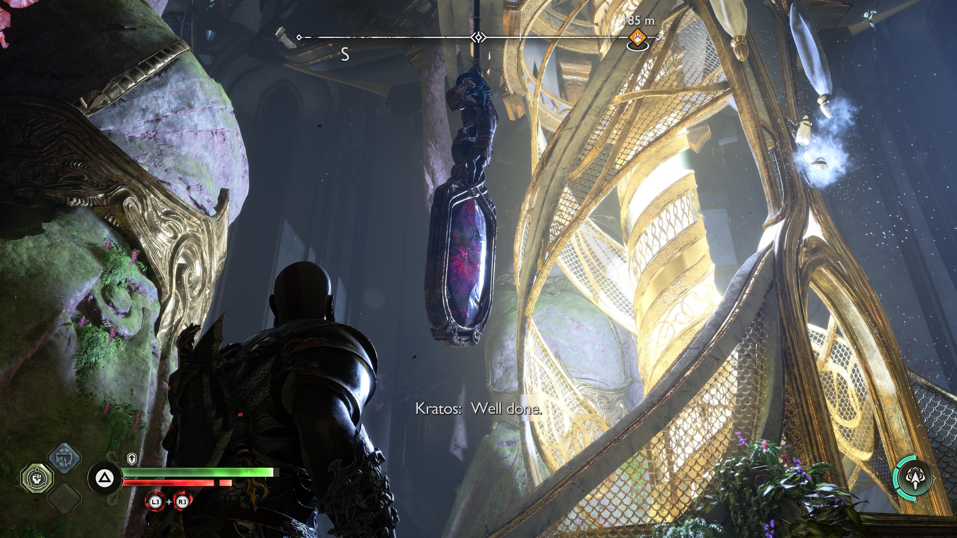 God of War Ragnarok review - Kratos looking at a solved puzzle with Mimir saying &lsquo;Well done.'