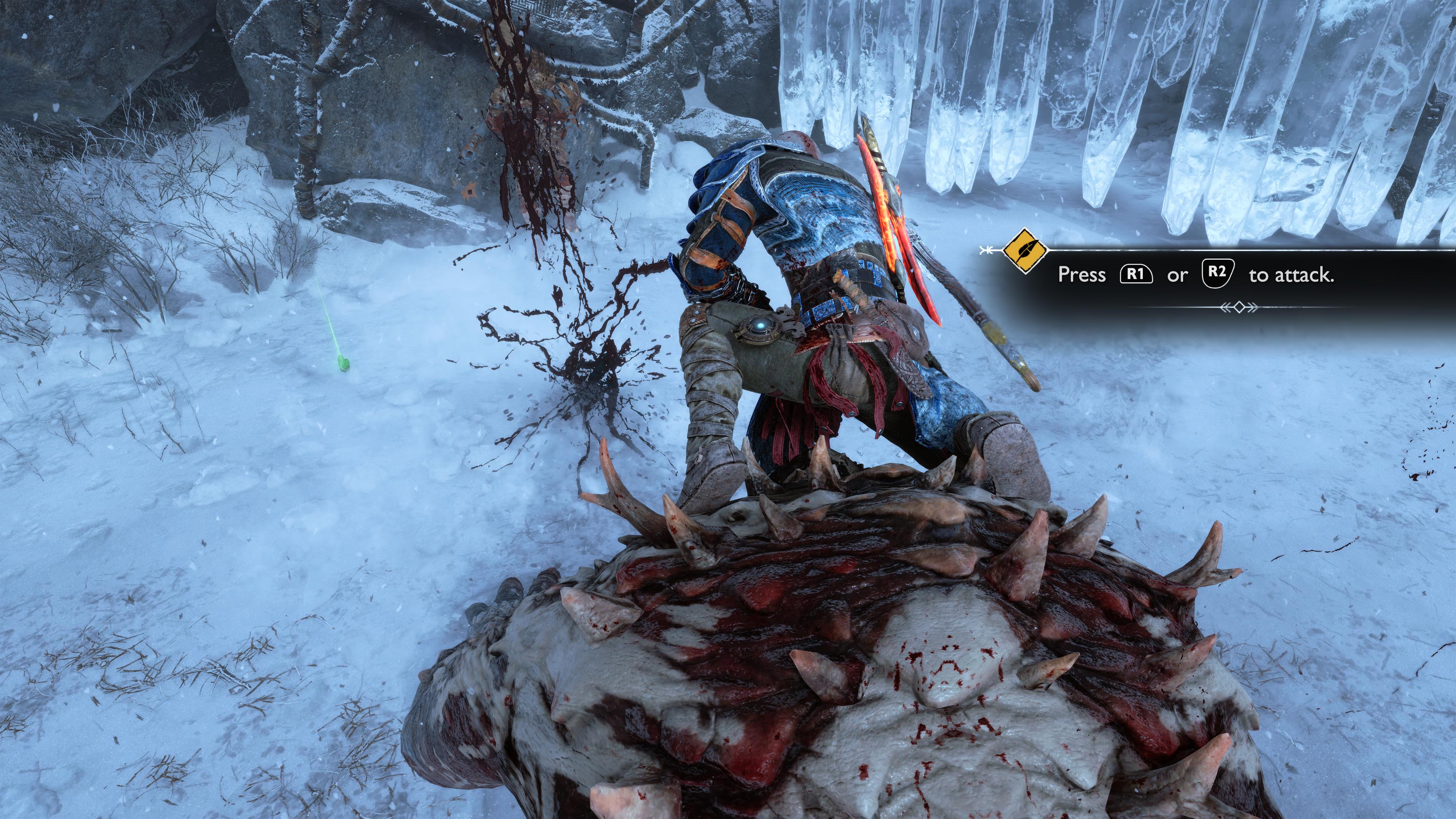 God of War Ragnarok review - Kratos riding on top of a troll while attacking it