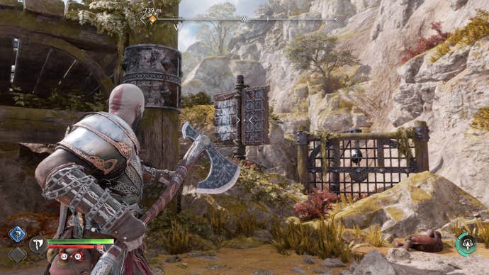 Kratos hitting a spinning target to reveal a Nornir Bell in God of War Ragnarok