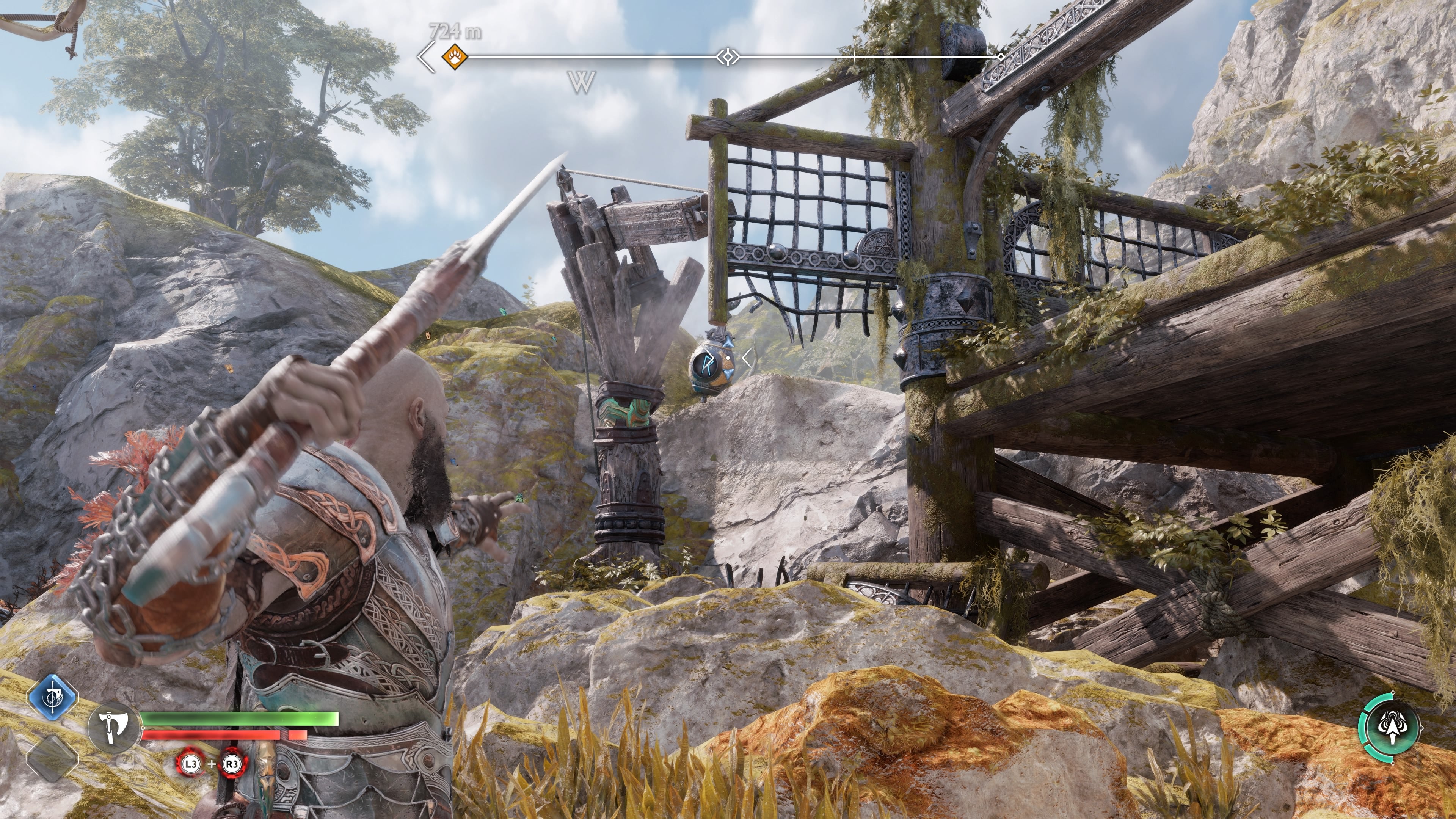 A Nornir Bell suspended by a collapsed crane on Alberich Island in God of War Ragnarok